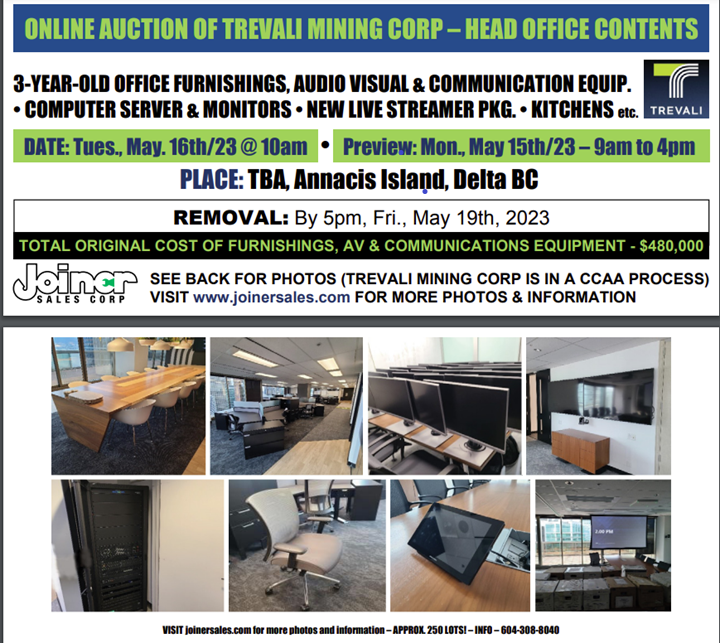 Trevali Mining Corp corporate offices by online auction
